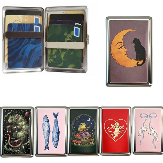 New Metal Vintage Card Case Portable Vintage Printed Metal Case Flip Open Compact Card Holder Pocket Carry